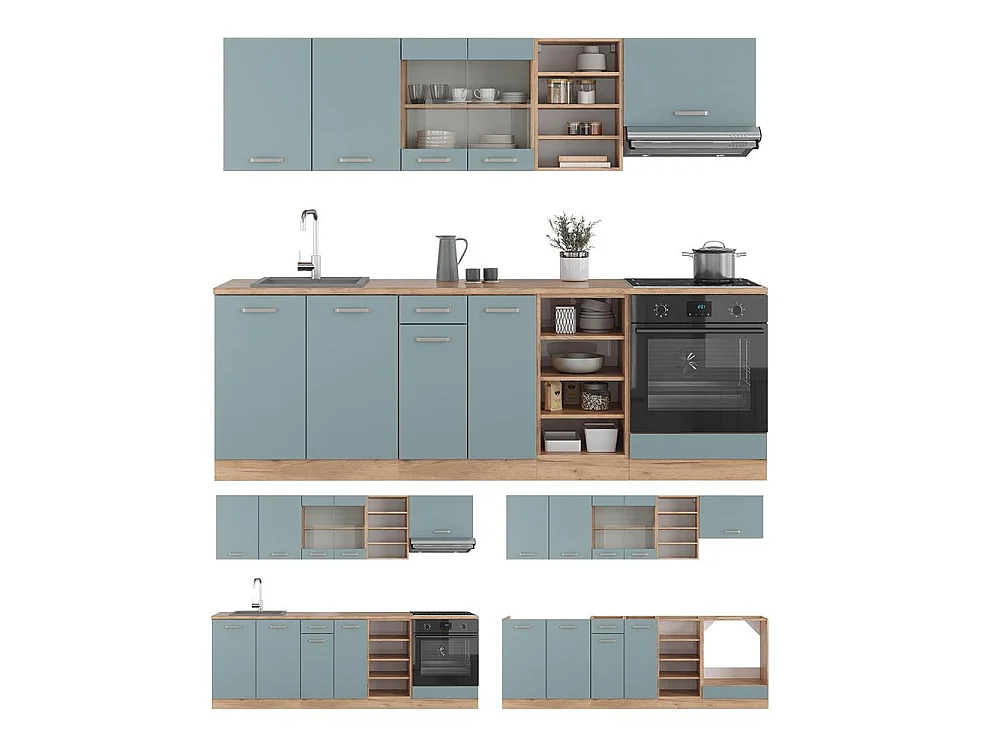 Cuisine bleu-gris/chêne doré 240x60x81.6 r-line