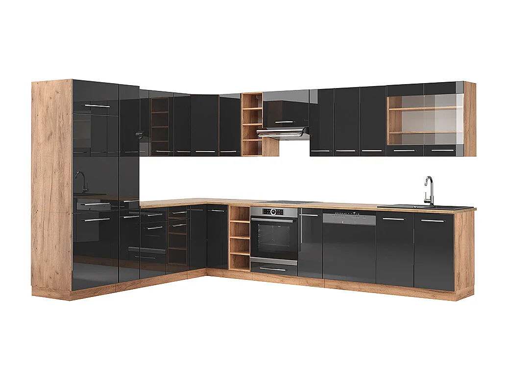 Cuisine en angle anthracite brillant/chêne doré 347x46x81.6 fame-line