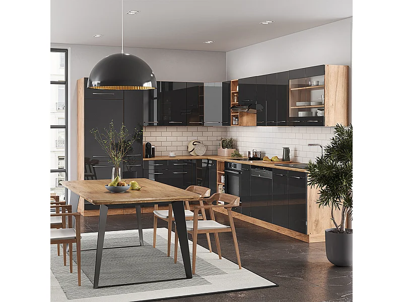 Eckküche anthrazit hochglanz/goldkraft eiche 347x46x81.6 fame-line