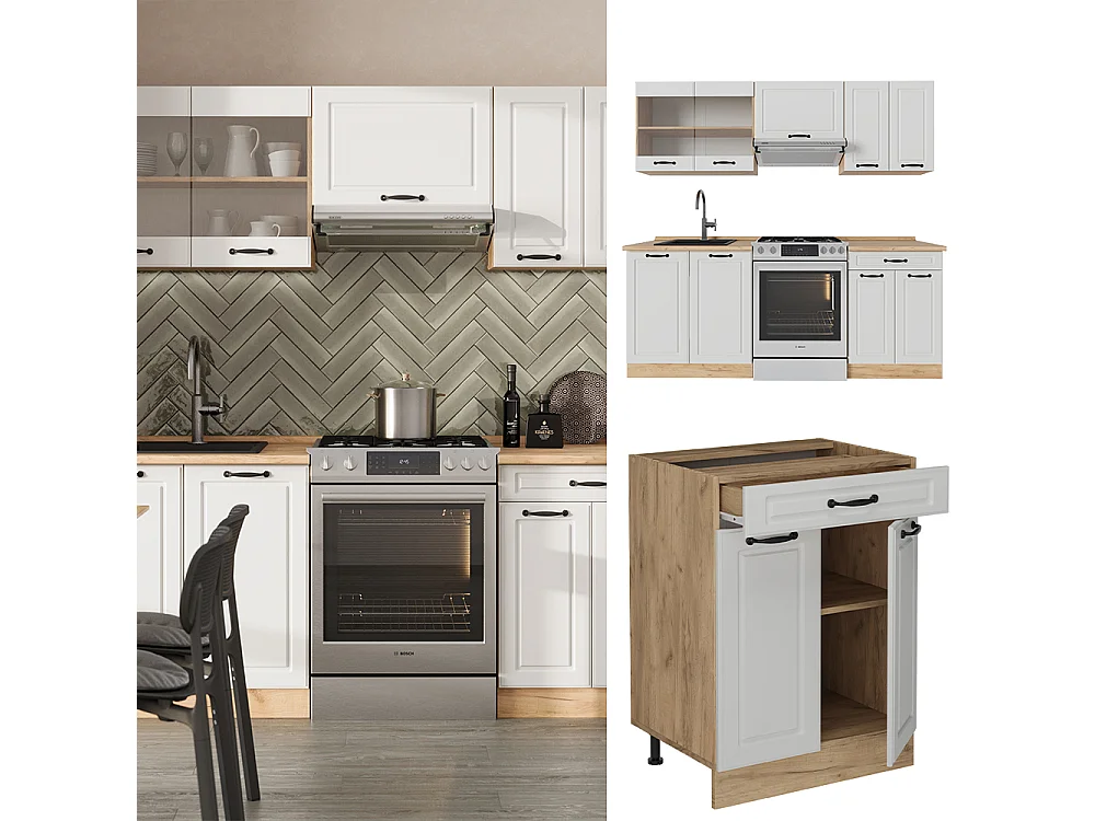 Cucina componibile casa di campagna bianca/quercia dorata 200x60x81.6 r-line