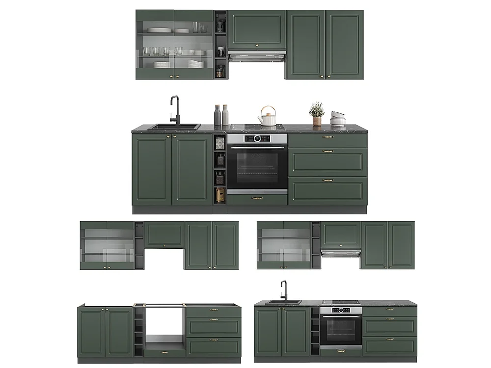 Mueble de cocina verde-dorado casa de campo/antracita 235x46x81.6 fame-line