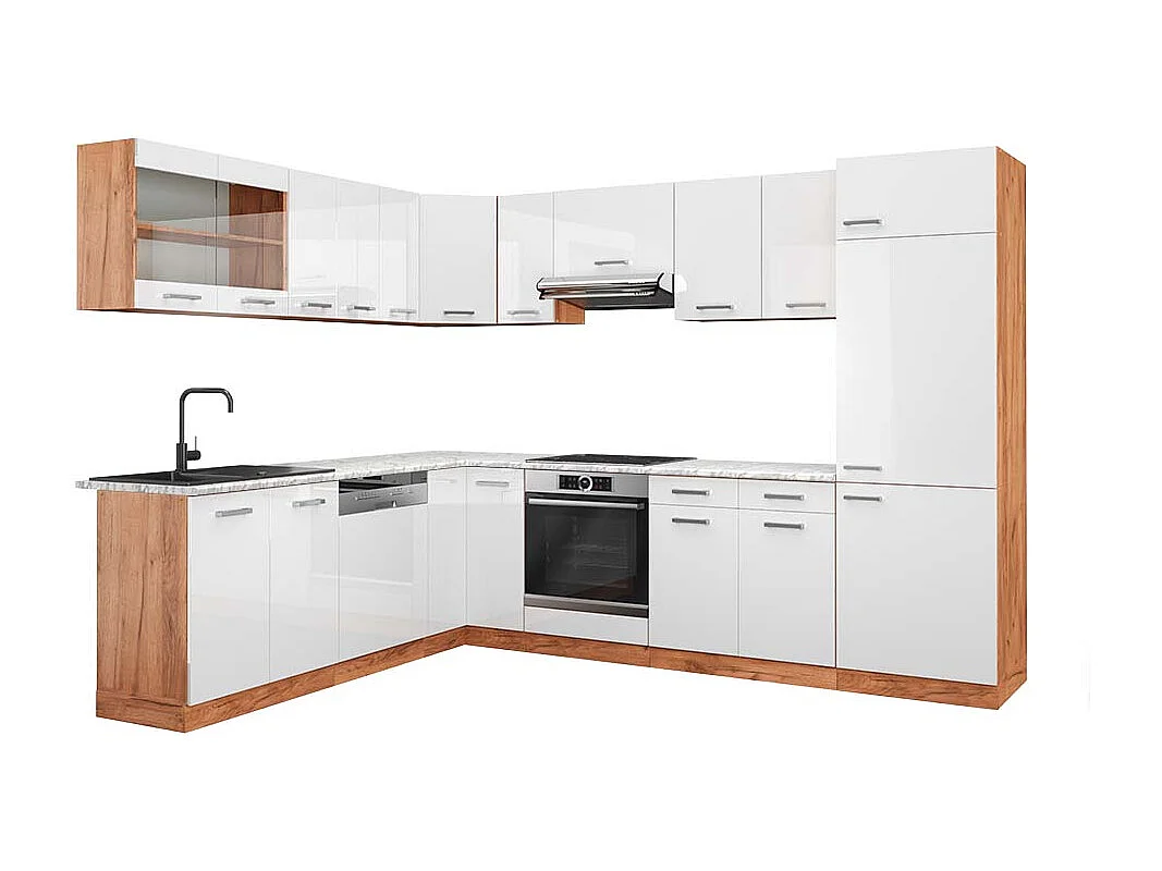 Eckküche weiß hochglanz/goldkraft eiche 287x60x81.6 r-line