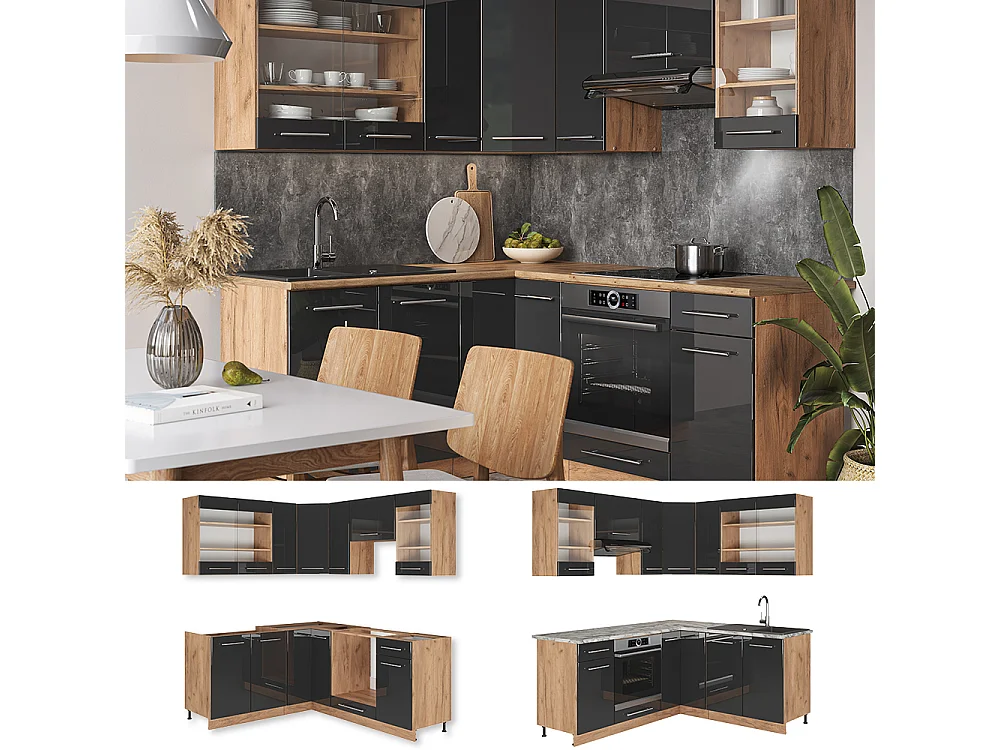 Cocina esquinera antracita brillo intenso/roble dorado eléctrico 190x60x81.6 fame-line