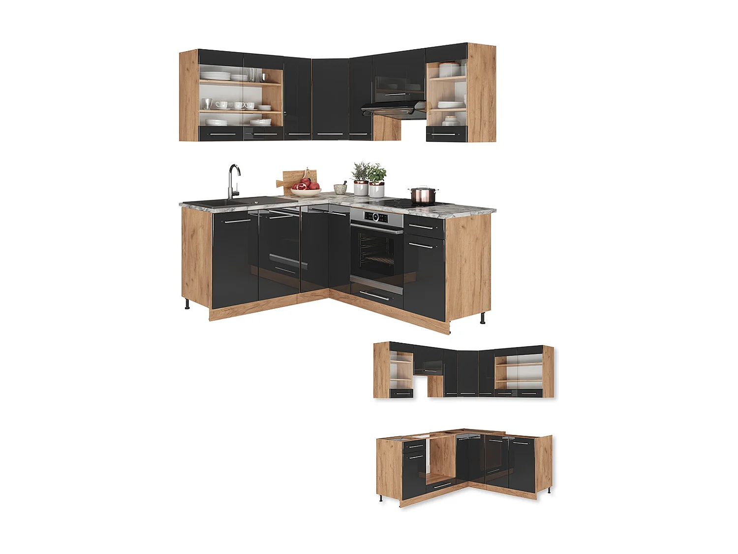 Cocina esquinera antracita brillo intenso/roble dorado eléctrico 190x60x81.6 fame-line