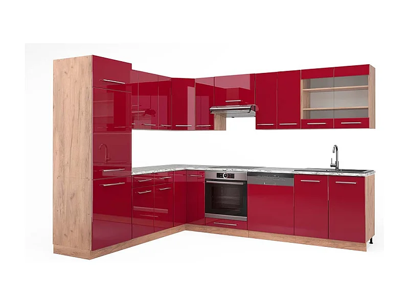 Cocina esquinera burdeos brillo intenso/roble dorado 227x60x81.6 fame-line
