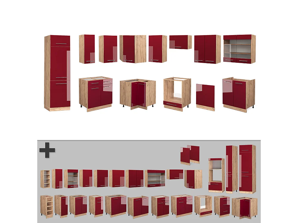 Cocina esquinera burdeos brillo intenso/roble dorado 227x60x81.6 fame-line