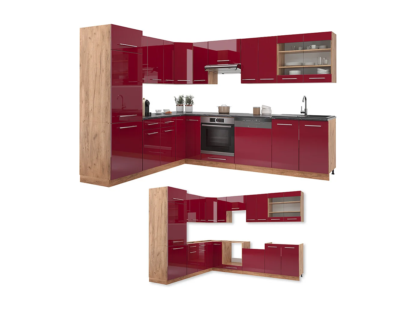 Cocina esquinera burdeos brillo intenso/roble dorado 227x60x81.6 fame-line