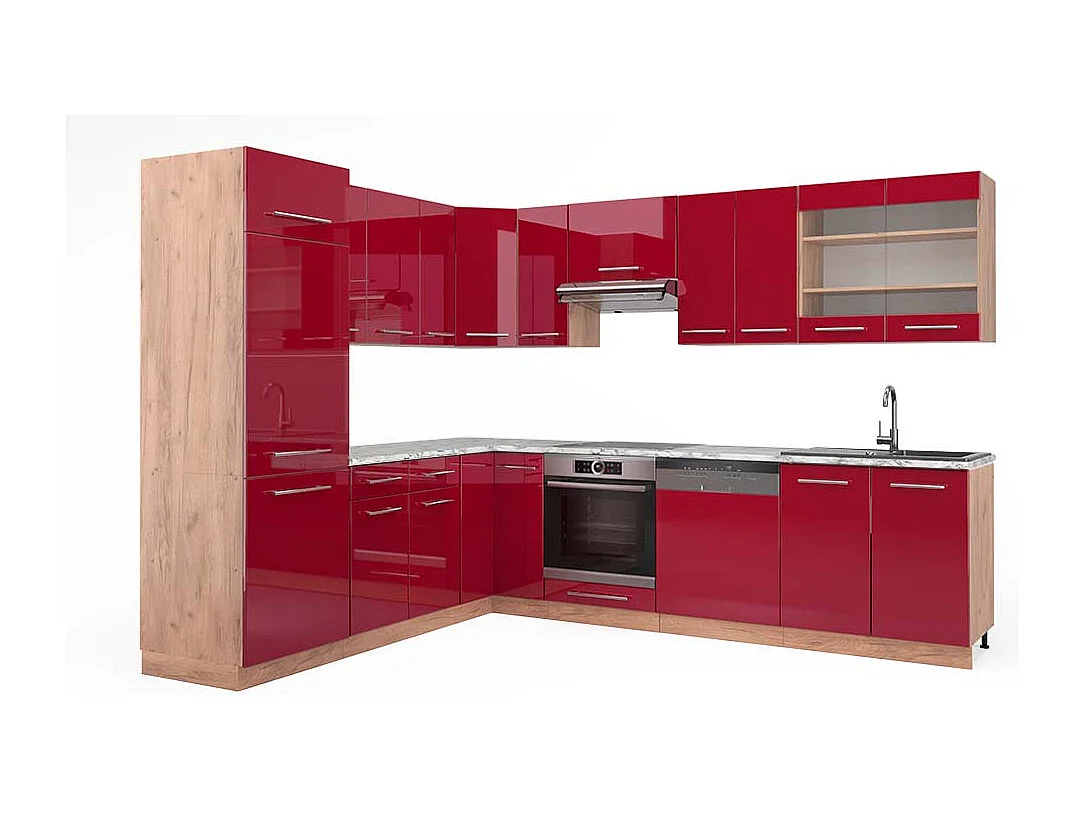 Eckküche bordeaux hochglanz/goldkraft eiche 227x60x81.6 fame-line