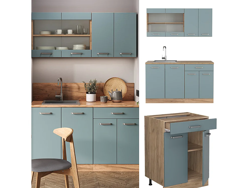 Cuisine bleu-gris/chêne doré 140x46x81.6 r-line