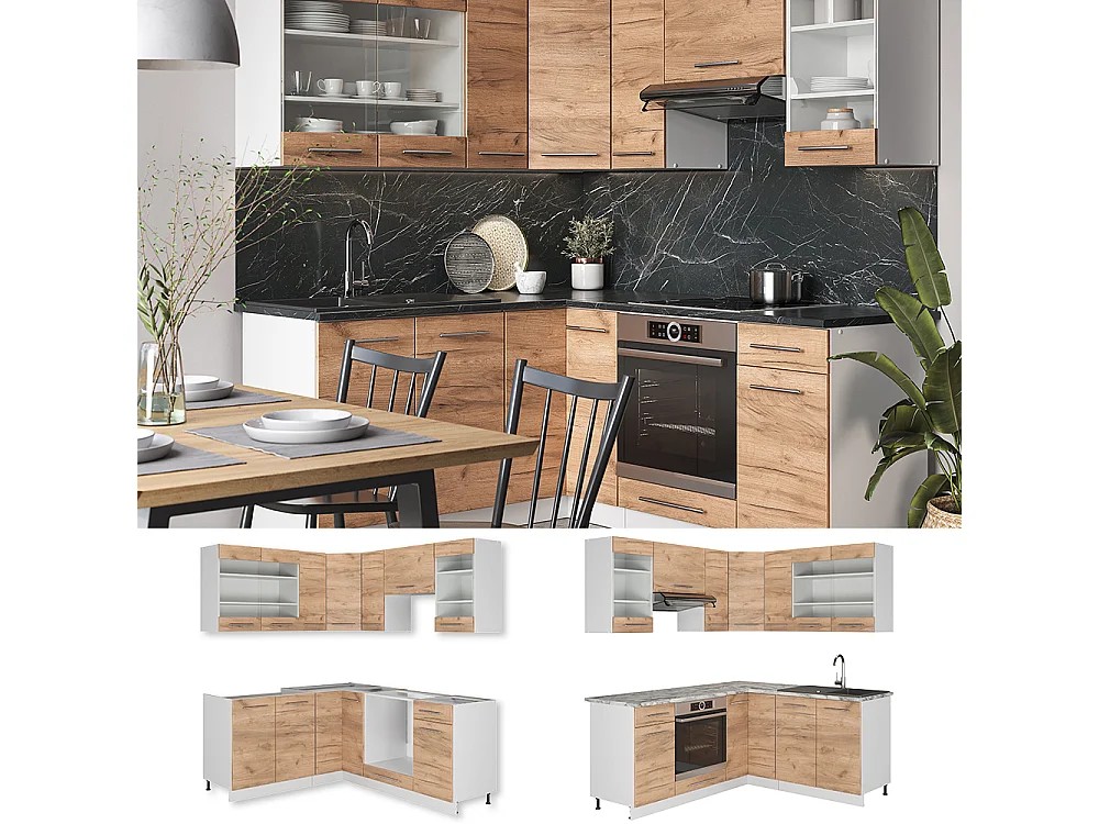Cuisine en angle chêne doré/blanc 190x60x81.6 fame-line