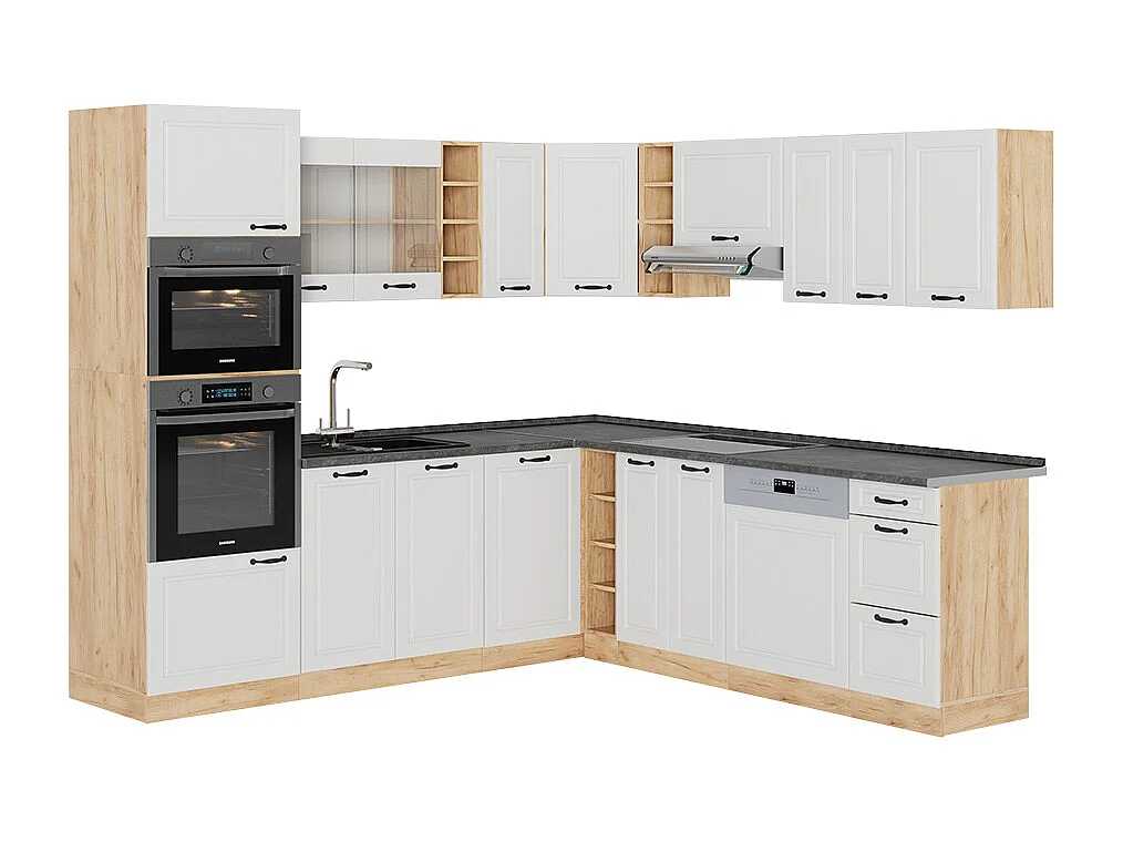 Cuisine en angle blanc campagnard/chêne doré 247x60x81.6 r-line