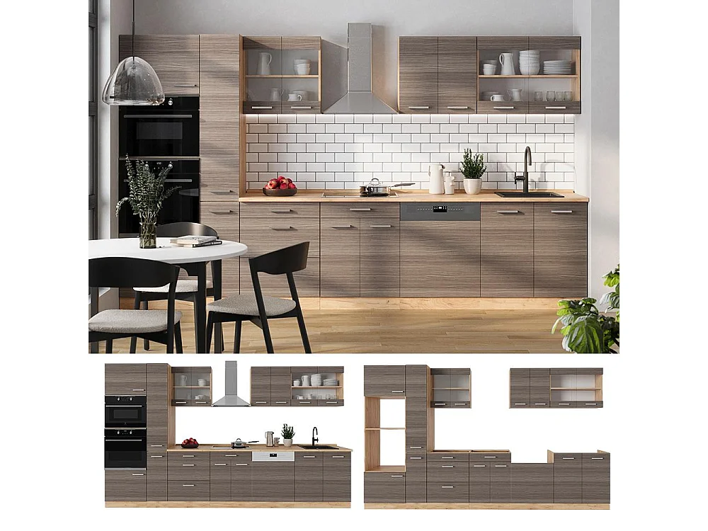 Complete keuken edel grijs/gouden eik 350x60x81.6 r-line