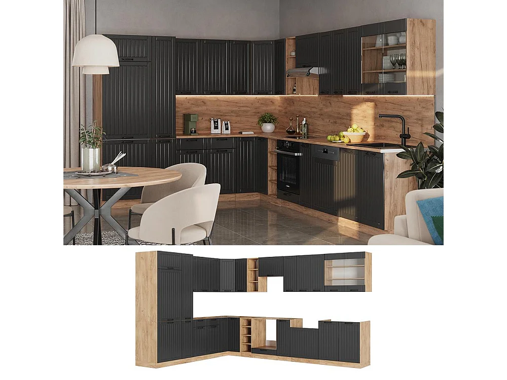 Hoekkeuken donkergrijs/goudkleurig eiken 347x60x81.6 fame-line