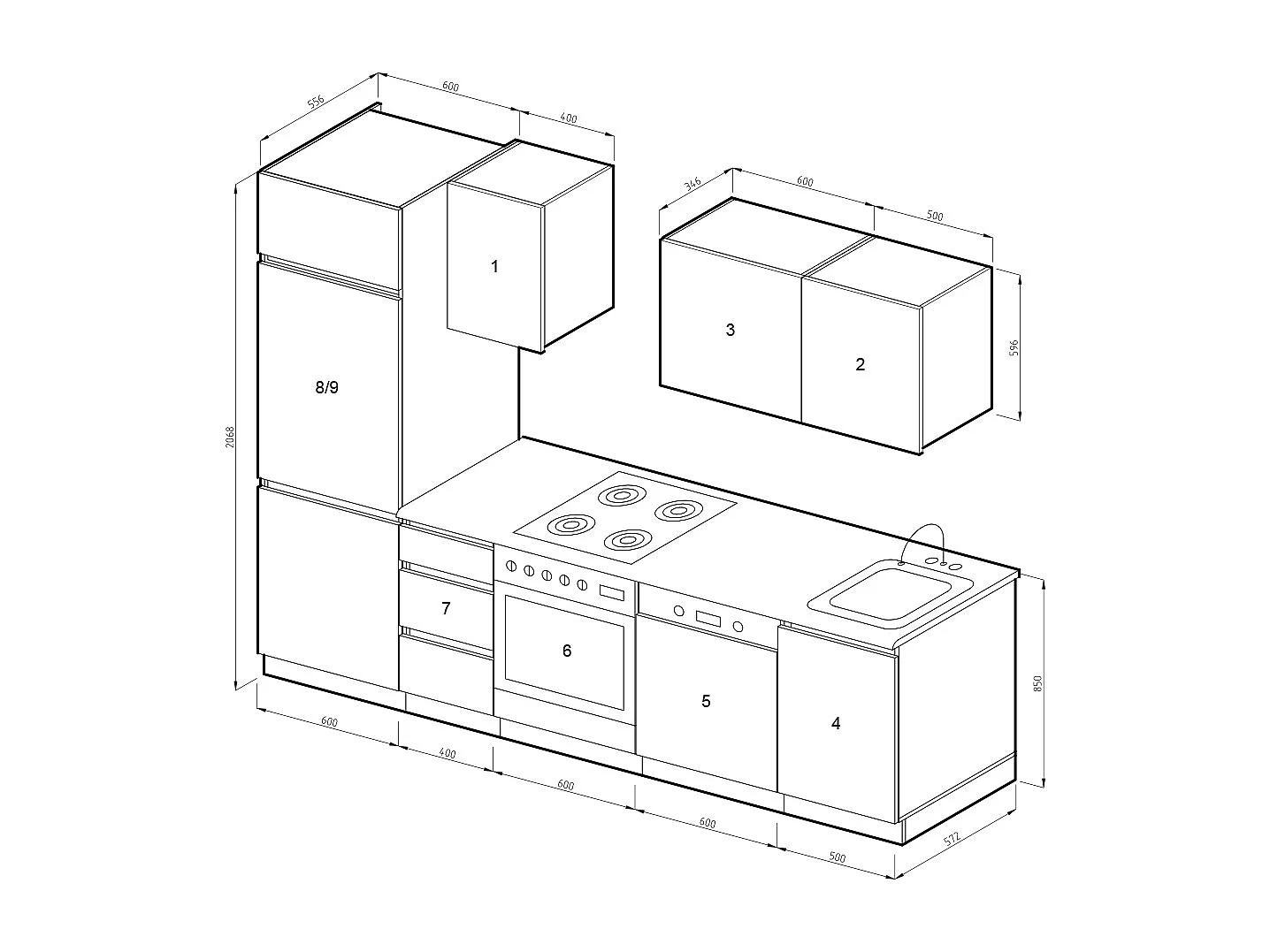 Cucina componibile antracite lucido/bianco 270x46x81.6 optima