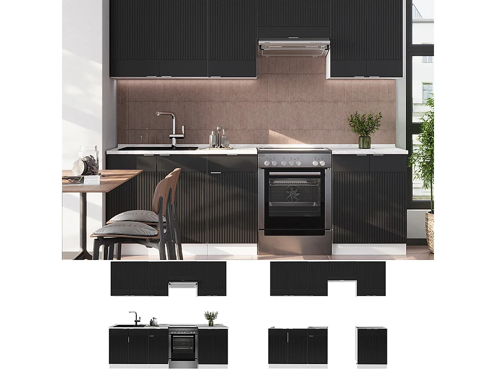 Køkkenrække sort stribet/hvid 240x46x81.6 fame-line