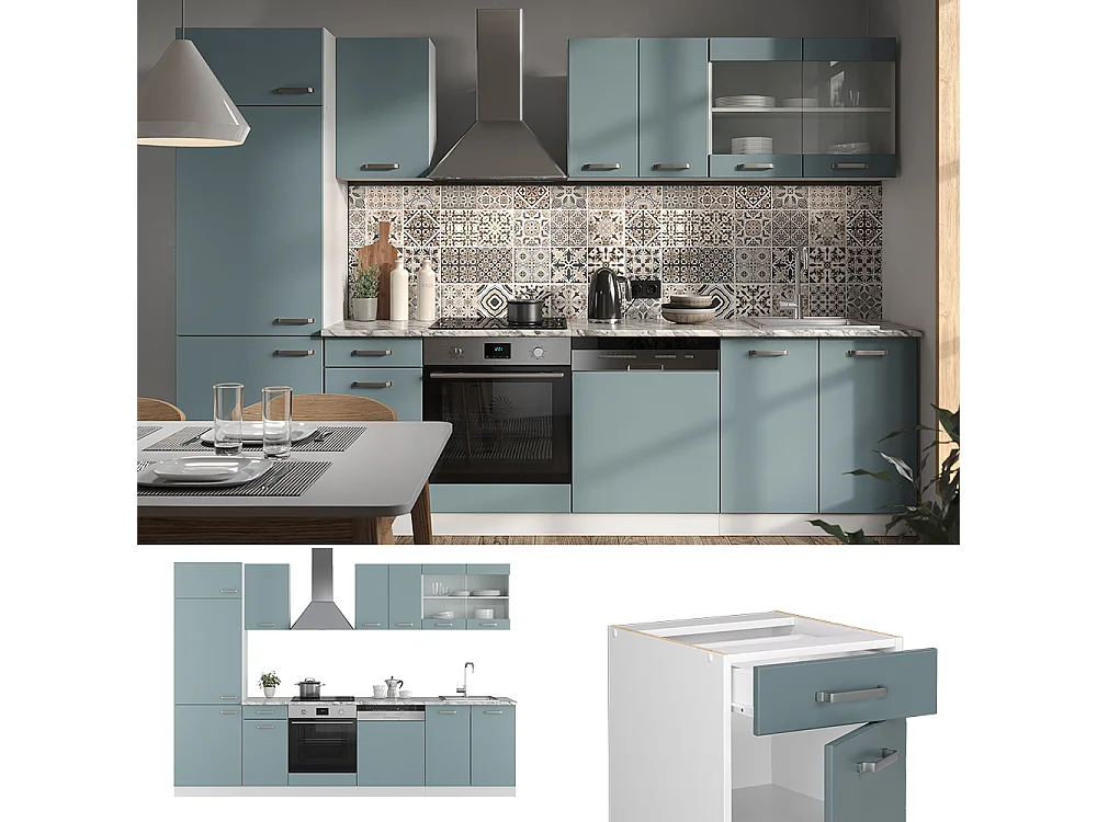Mueble de cocina azul-gris-blanco 300x60x81.6 r-line