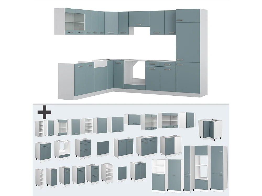 Cucina angolare completa blu-grigio/bianco 287x60x81.6 r-line