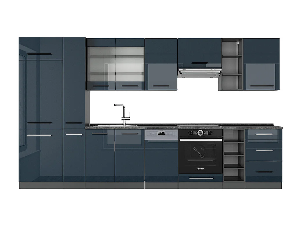 Armoires de cuisine  bleu foncé brillant/anthracite 355x46x81.6 fame-line