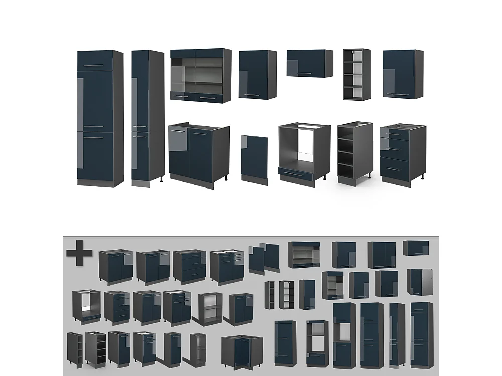 Armoires de cuisine  bleu foncé brillant/anthracite 355x46x81.6 fame-line