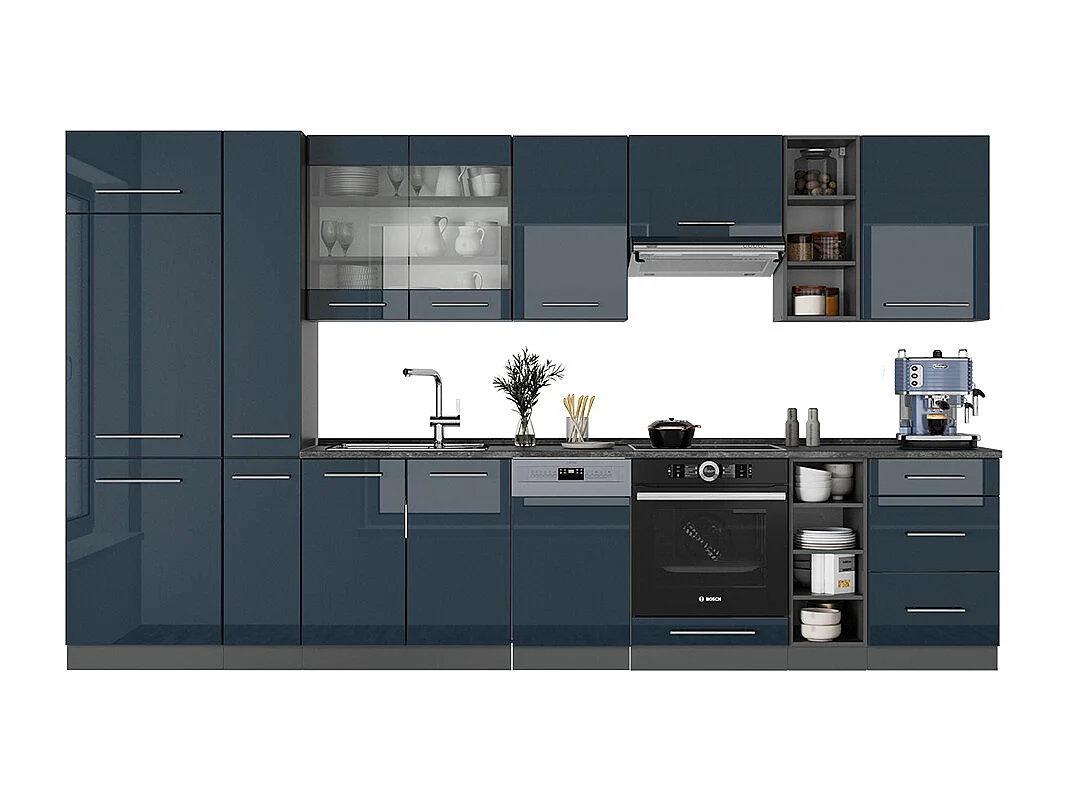 Armoires de cuisine  bleu foncé brillant/anthracite 355x46x81.6 fame-line