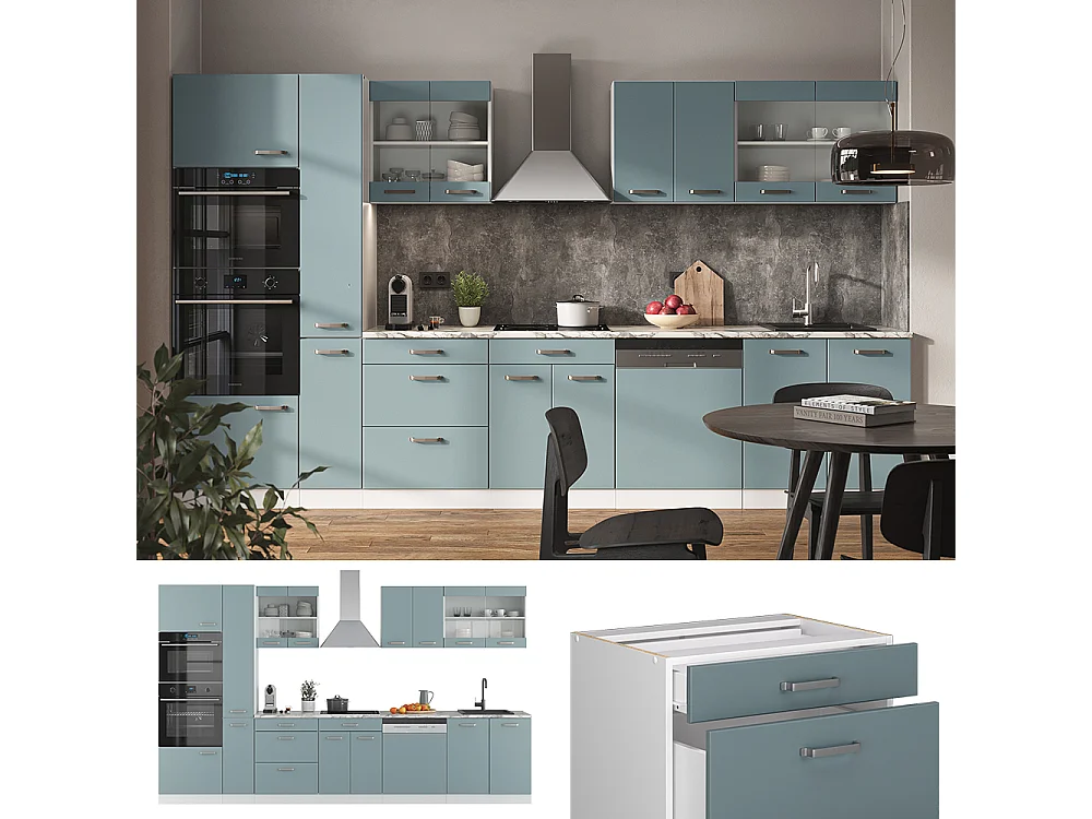 Zabudowa kuchenna niebiesko-szary/biały 350x60x81.6 r-line