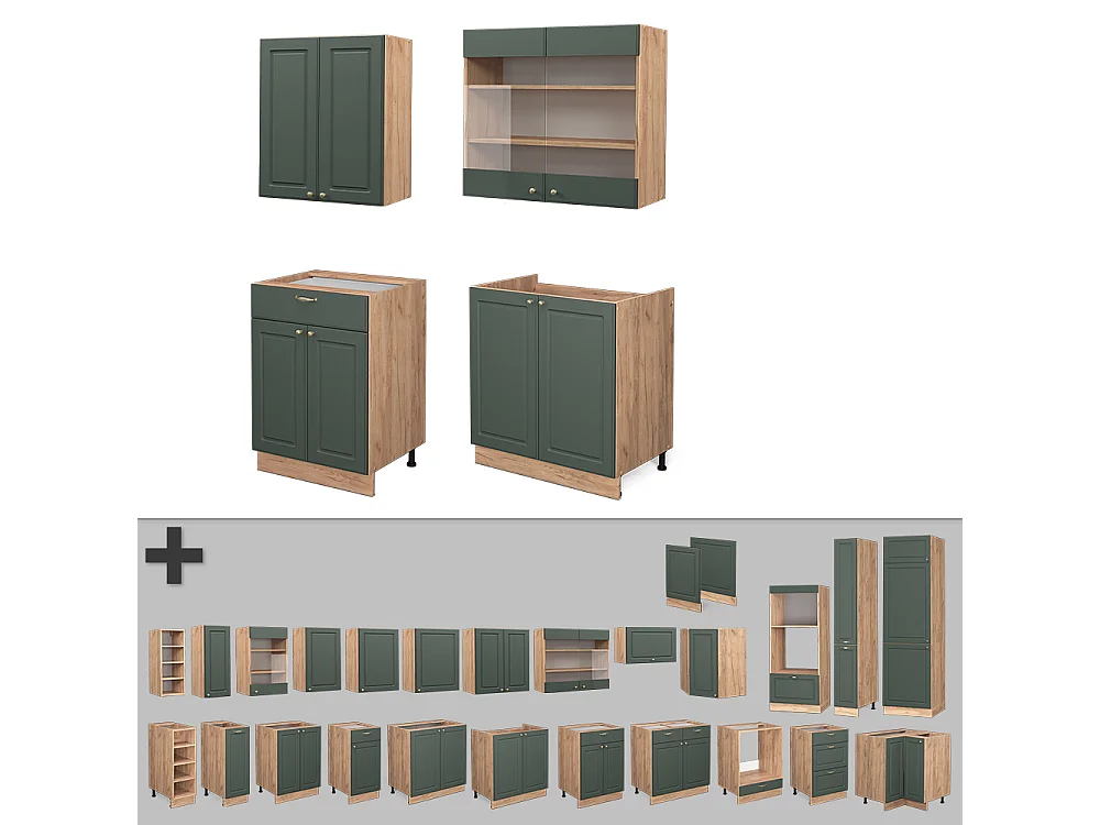 Singleküche grün-gold landhaus/goldkraft eiche 140x60x81.6 fame-line