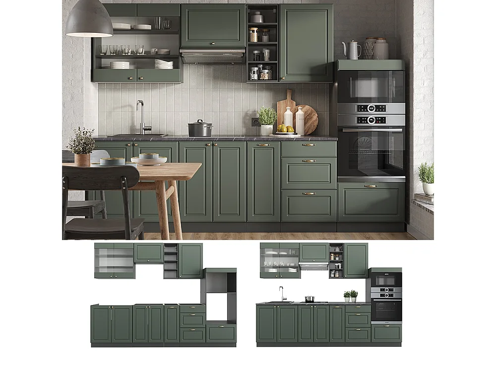 Complete keukeneenheid groen-goud landhuis/antraciet 280x46x81.6 fame-line