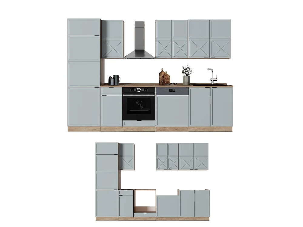 Mueble de cocina roble azul claro/gris dorado 300x46x81.6 fame-line