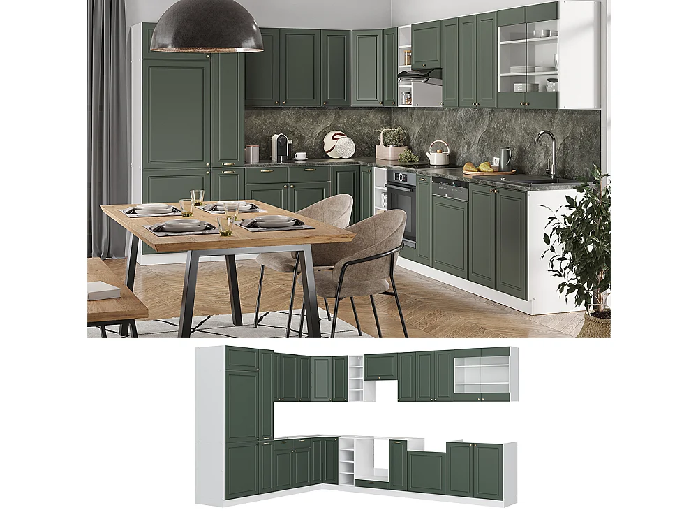 Eckküche grün-gold landhaus/weiß 347x60x81.6 fame-line