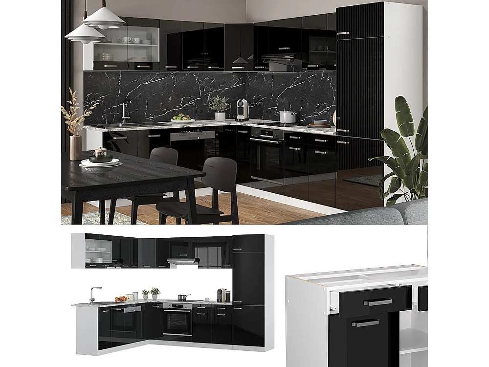 Cocina esquinera negro brillo/blanco 287x60x81.6 r-line
