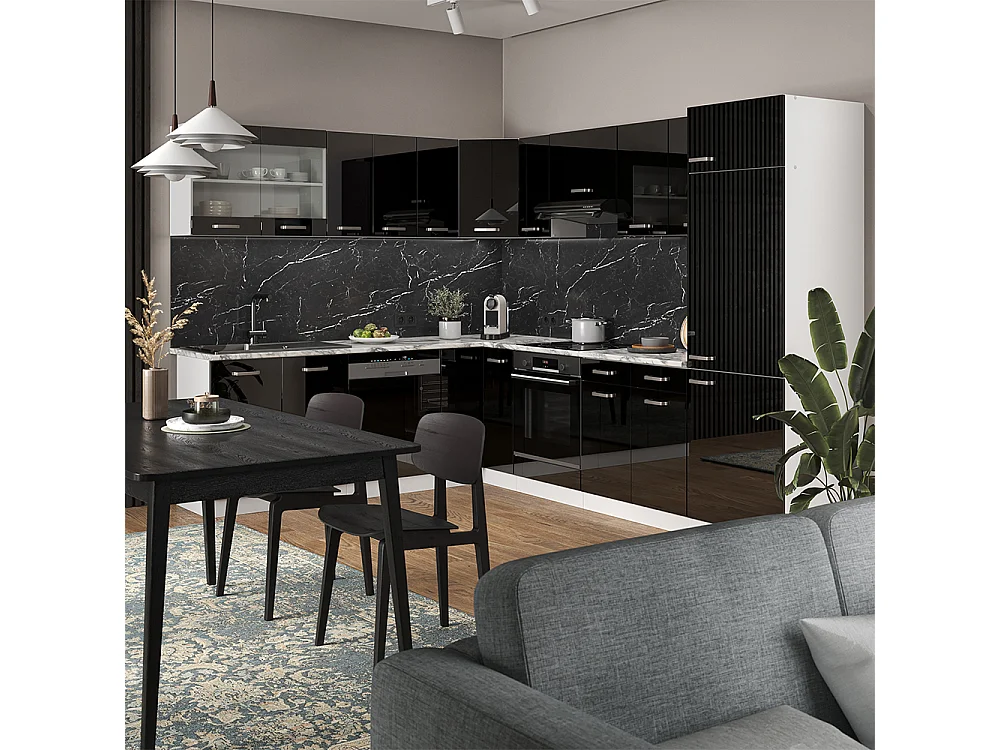 Cuisine en angle noir brillant/blanc 287x60x81.6 r-line
