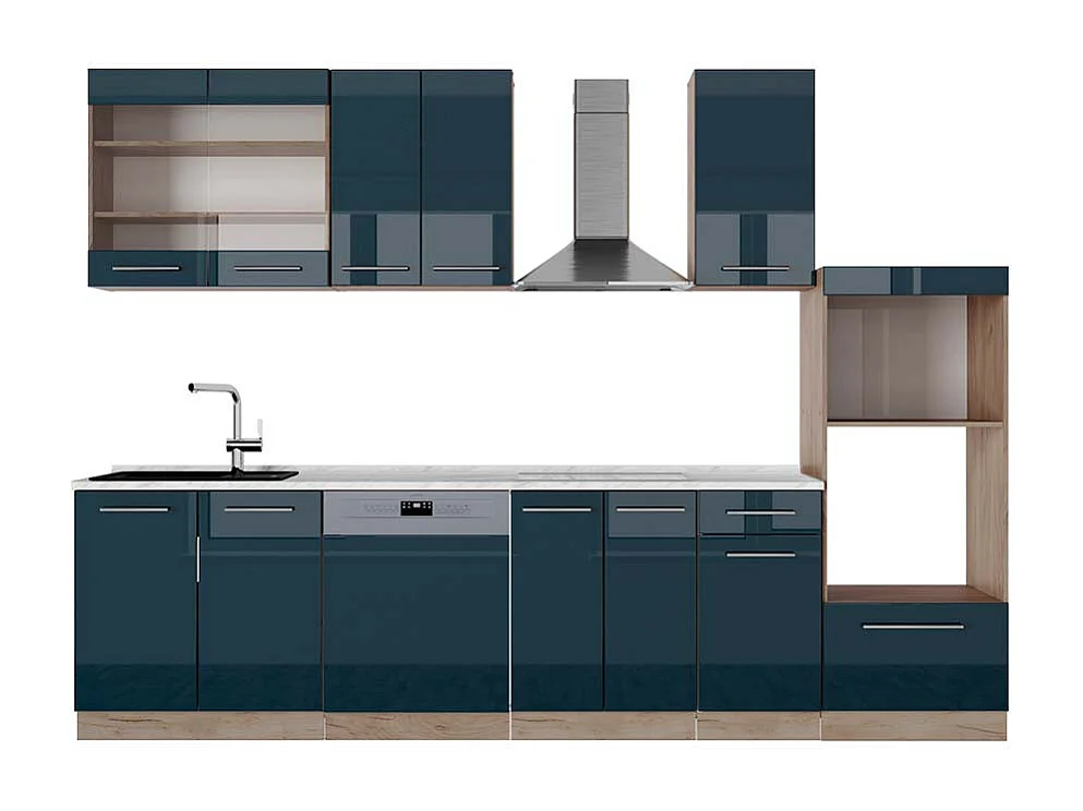 Mueble de cocina azul oscuro alto brillo/roble dorado 300x60x81.6 fame-line