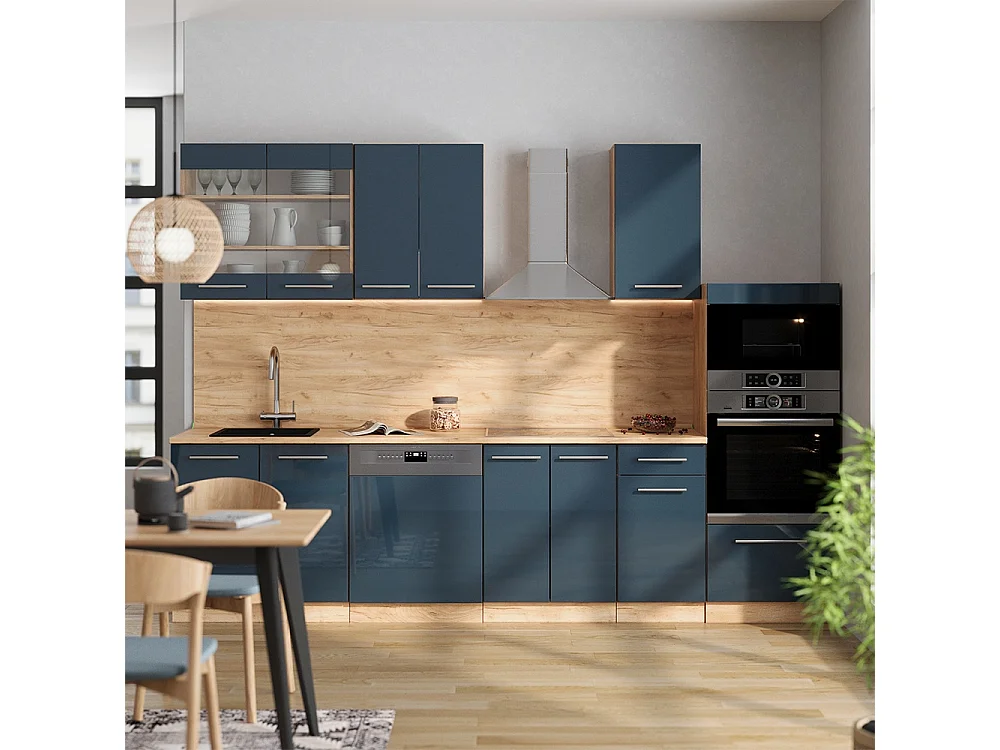 Cuisine bleu foncé brillant/chêne doré 300x60x81.6 fame-line