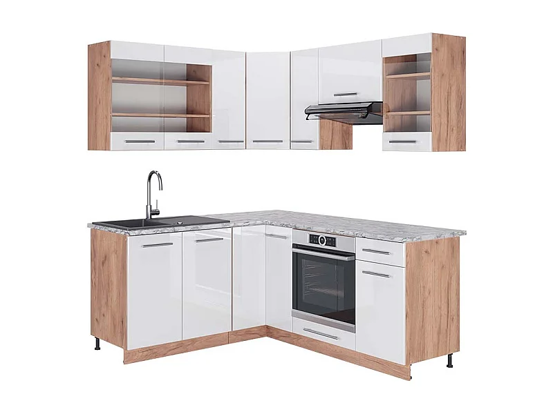 Cucina angolare completa bianco lucido/oro power oak 190x60x81.6 fame-line