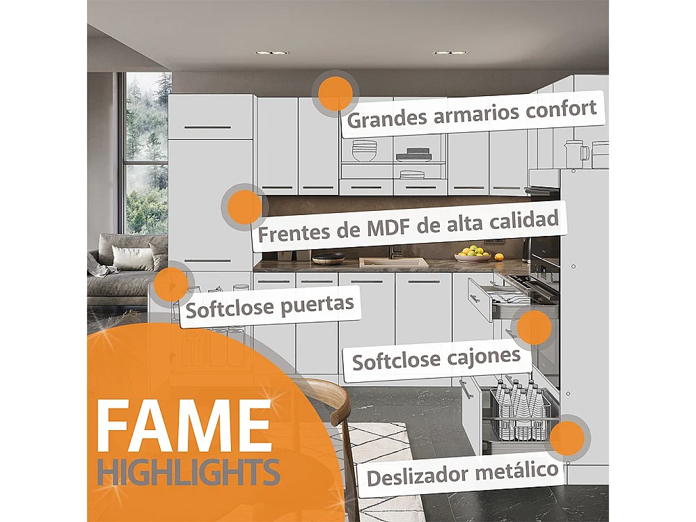 Mueble de cocina casa de campo blanca/antracita 200x60x81.6 fame-line