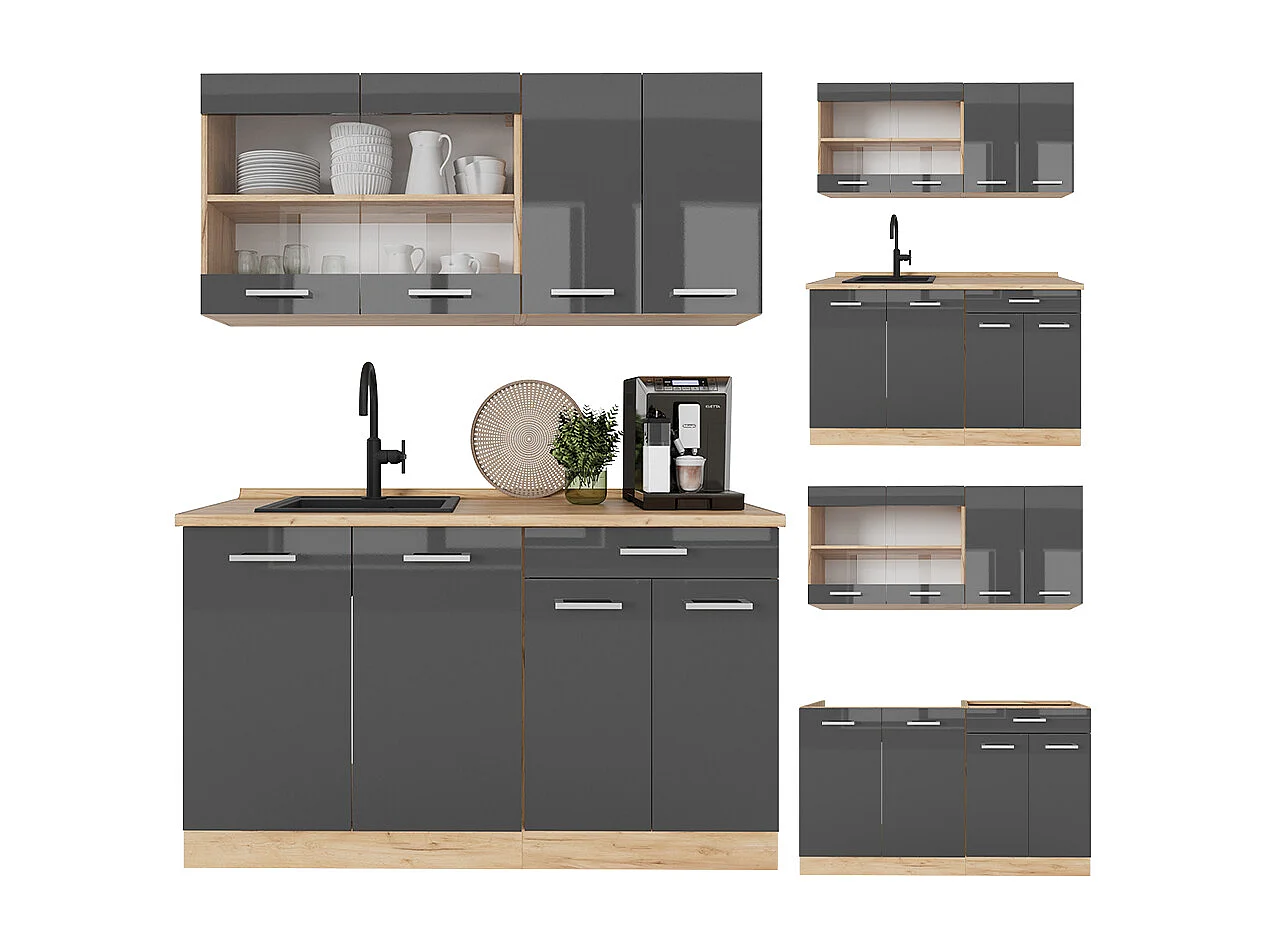 Cuisine anthracite brillant/chêne doré 140x60x81.6 r-line