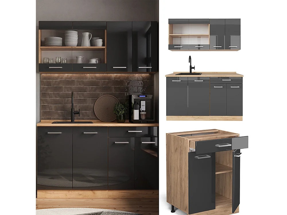 Cuisine anthracite brillant/chêne doré 140x60x81.6 r-line