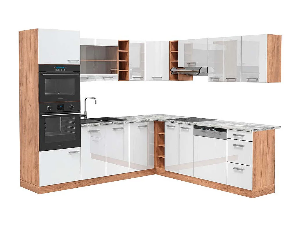 Cocina esquinera blanco brillo intenso/roble dorado 247x60x81.6 r-line