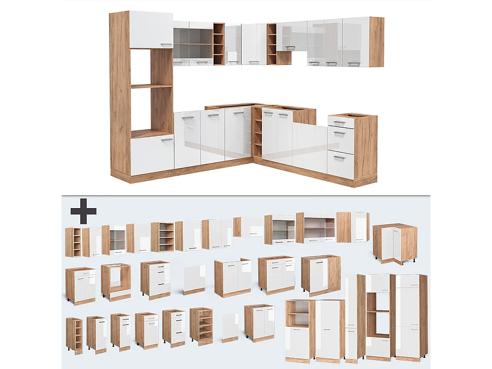 Cocina esquinera blanco brillo intenso/roble dorado 247x60x81.6 r-line