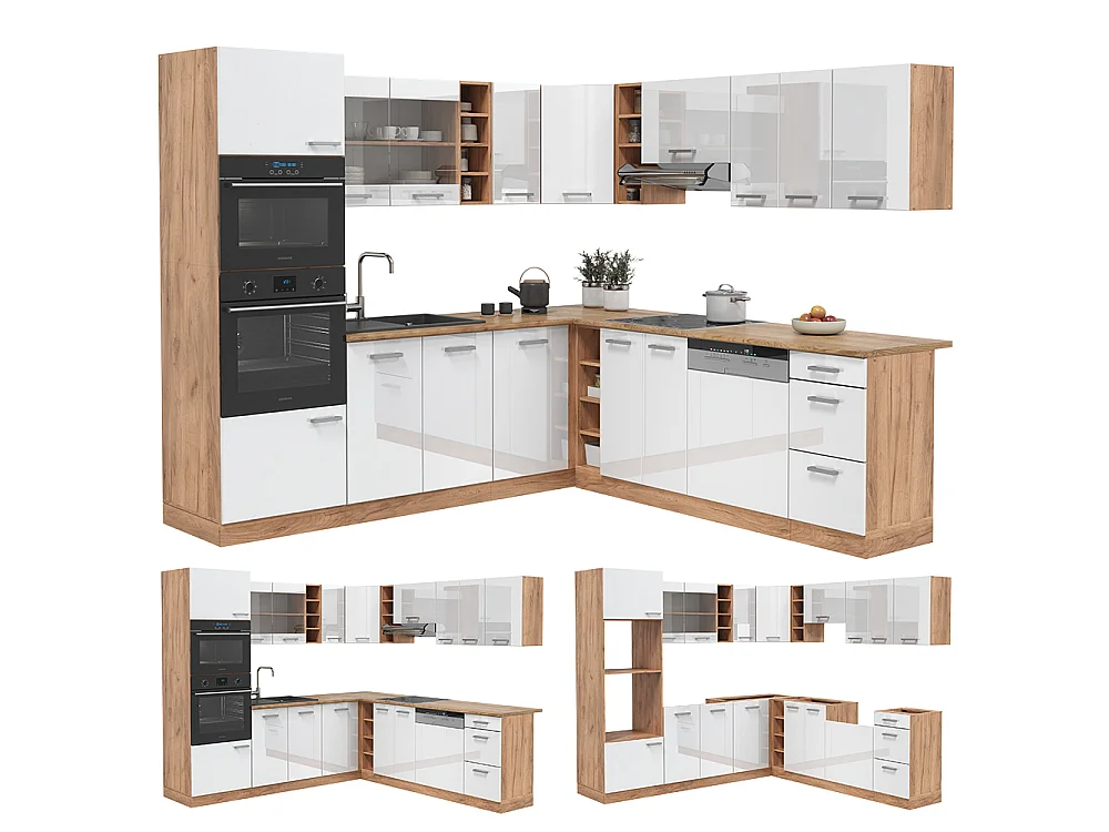 Cuisine en angle blanc haute brillance/chêne de force doré 247x60x81.6 r-line
