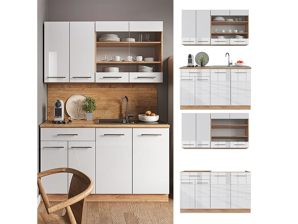 Cucina completa bianco lucido/oro power oak 140x60x81.6 fame-line