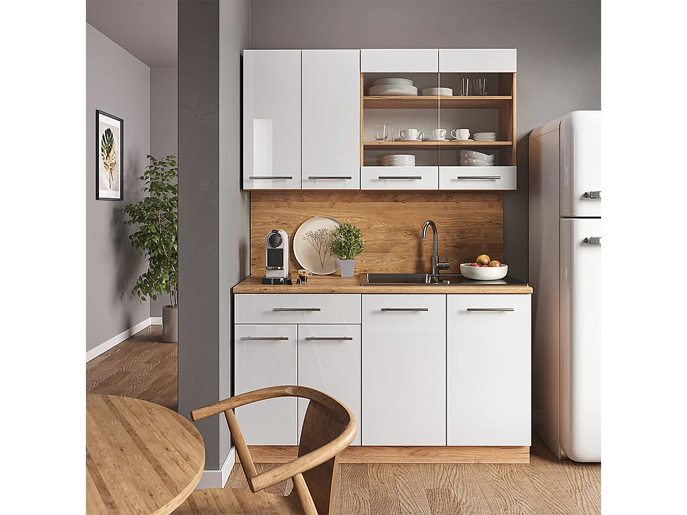 Singlekøkken hvid højglans/guld power oak 140x60x81.6 fame-line