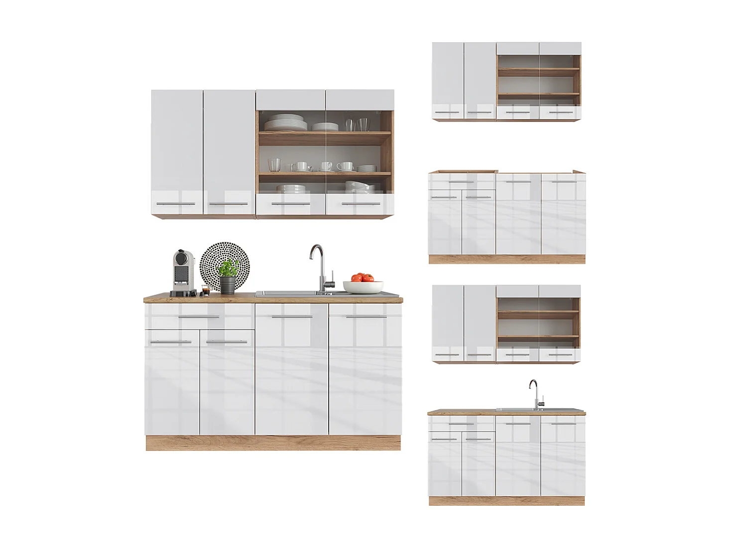 Singlekøkken hvid højglans/guld power oak 140x60x81.6 fame-line