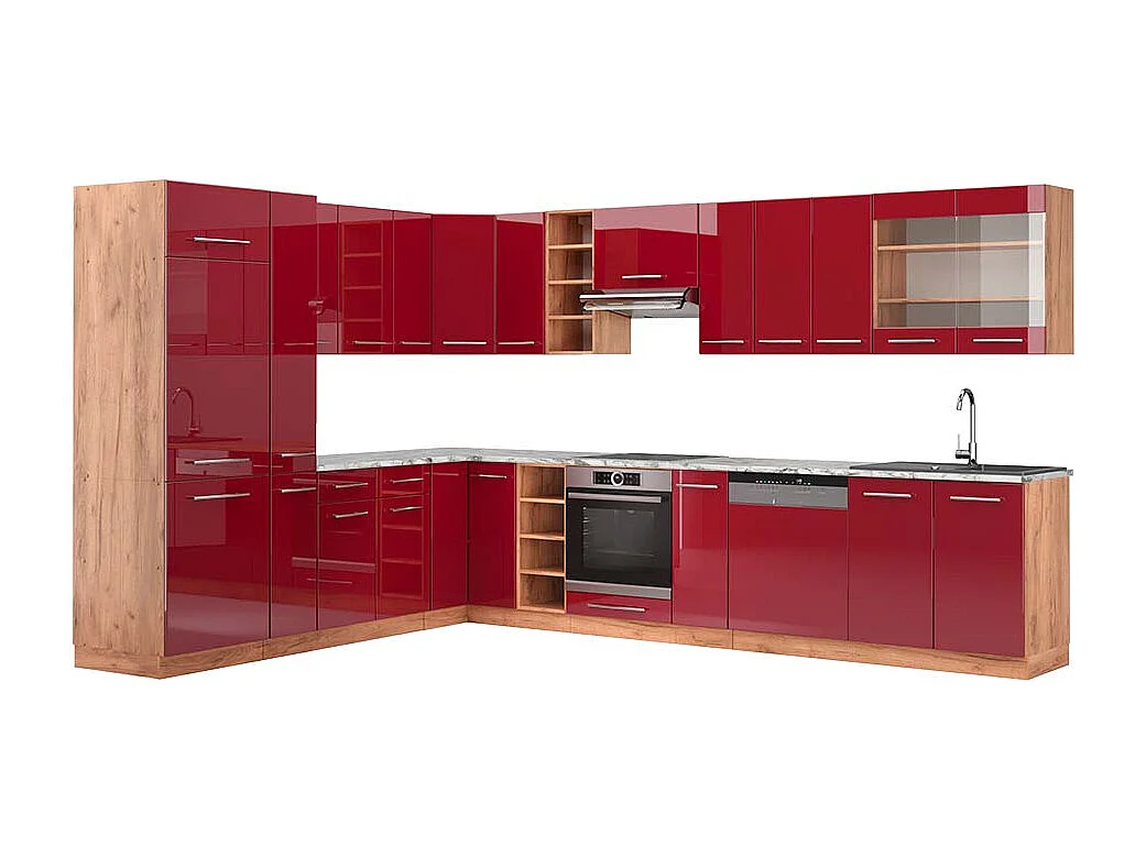 Cocina esquinera burdeos brillo intenso/roble dorado 347x60x81.6 fame-line