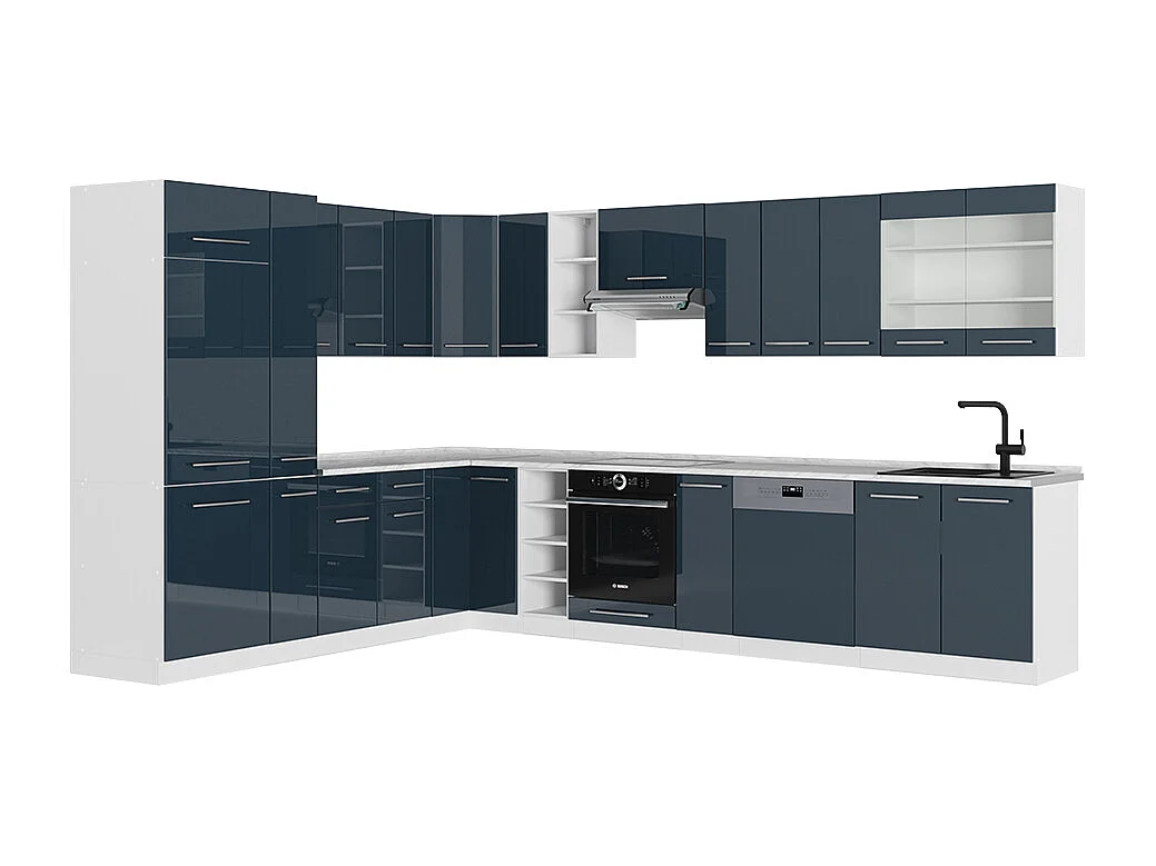 Cocina esquinera azul oscuro alto brillo/blanco 347x46x81.6 fame-line