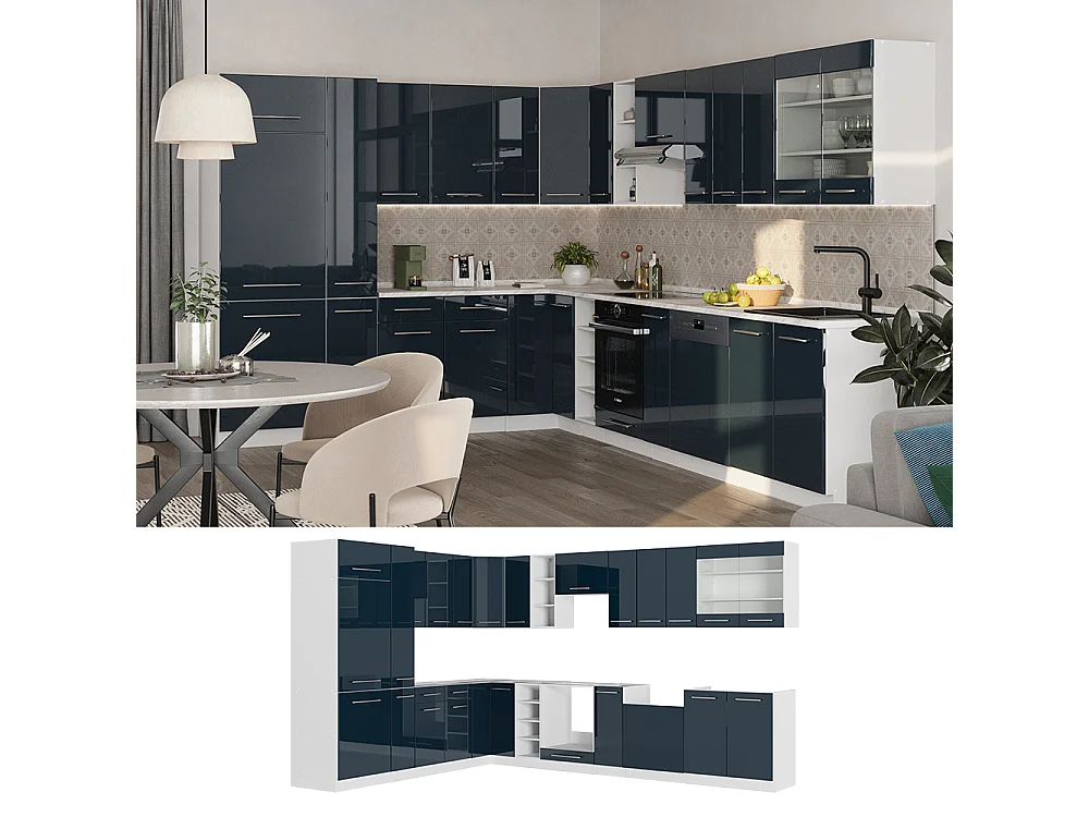 Cocina esquinera azul oscuro alto brillo/blanco 347x46x81.6 fame-line