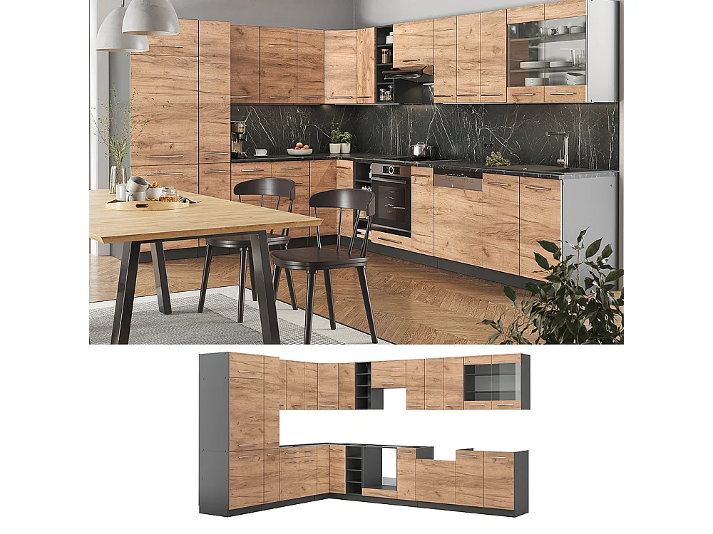 Cucina angolare completa quercia dorata/antracite 347x60x81.6 fame-line