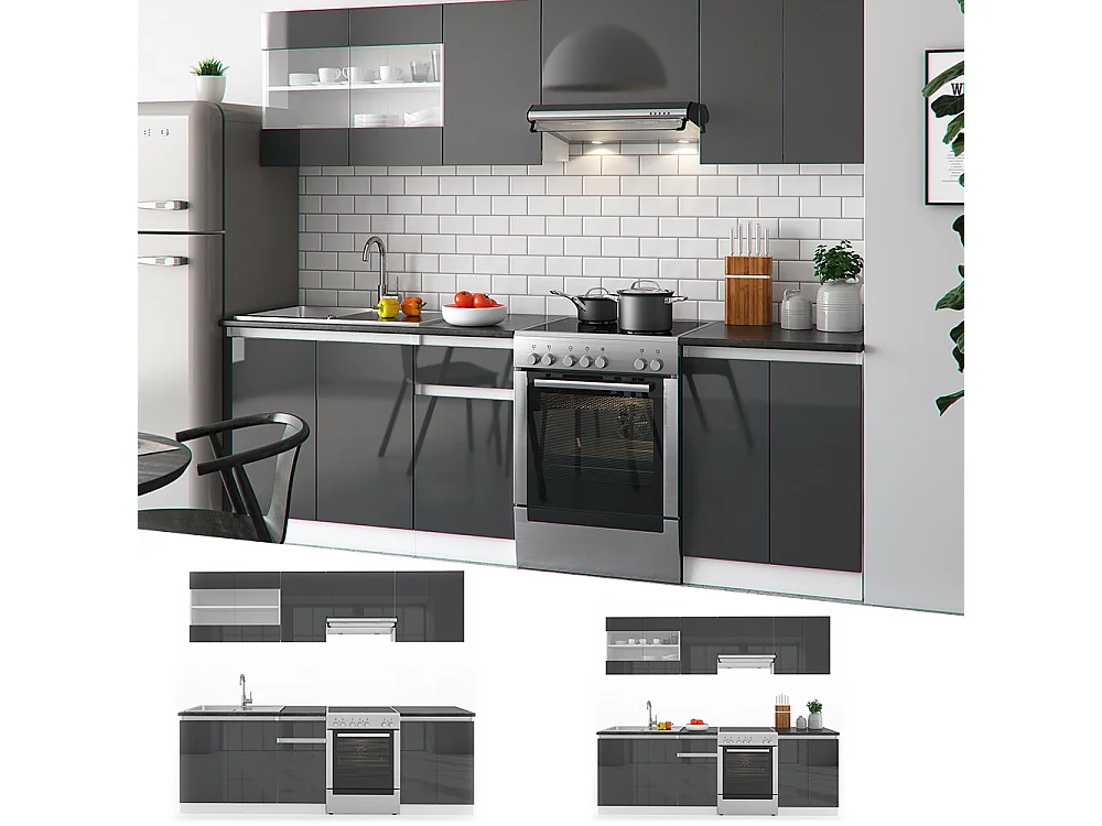 Ligne de cuisine anthracite brillant/blanc 240x60x81.6 raul