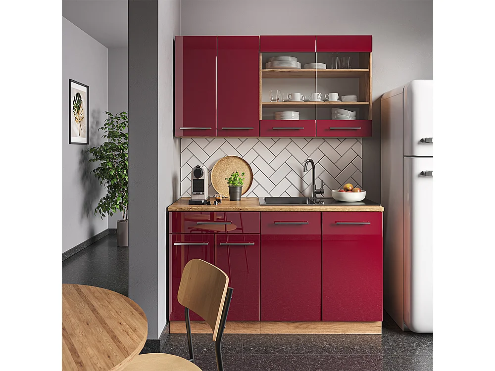 Cocina para solteros burdeos brillo intenso/roble dorado 140x60x81.6 fame-line