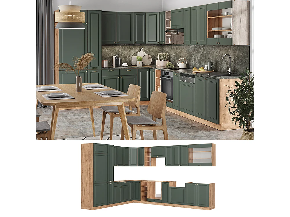 Cuisine en angle chêne vert et or/chêne doré 347x46x81.6 fame-line